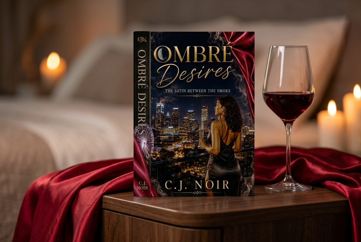 Ombré Desires book on a luxury nightstand draped in crimson satin with a crystal glass of red wine and warm candlelight