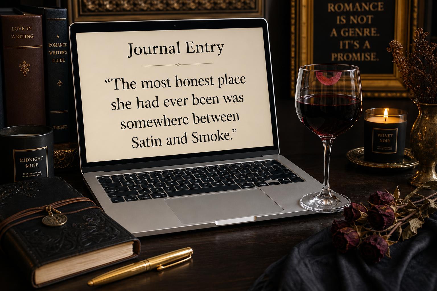 An elegant open laptop showing a journal entry — 'The most honest place she had ever been was somewhere between Satin and Smoke.' — with a crystal glass of red wine and a lipstick imprint on the rim