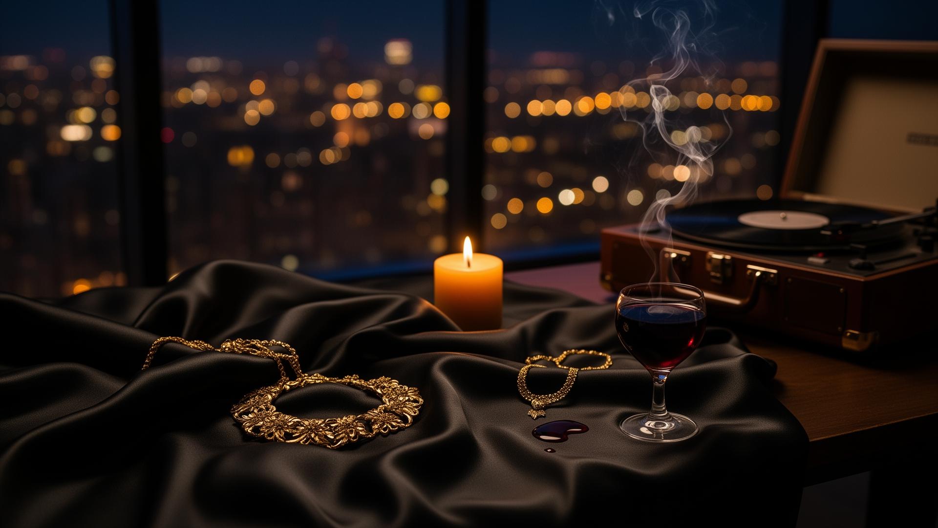 Gold jewelry, red wine, candle smoke, vinyl record
